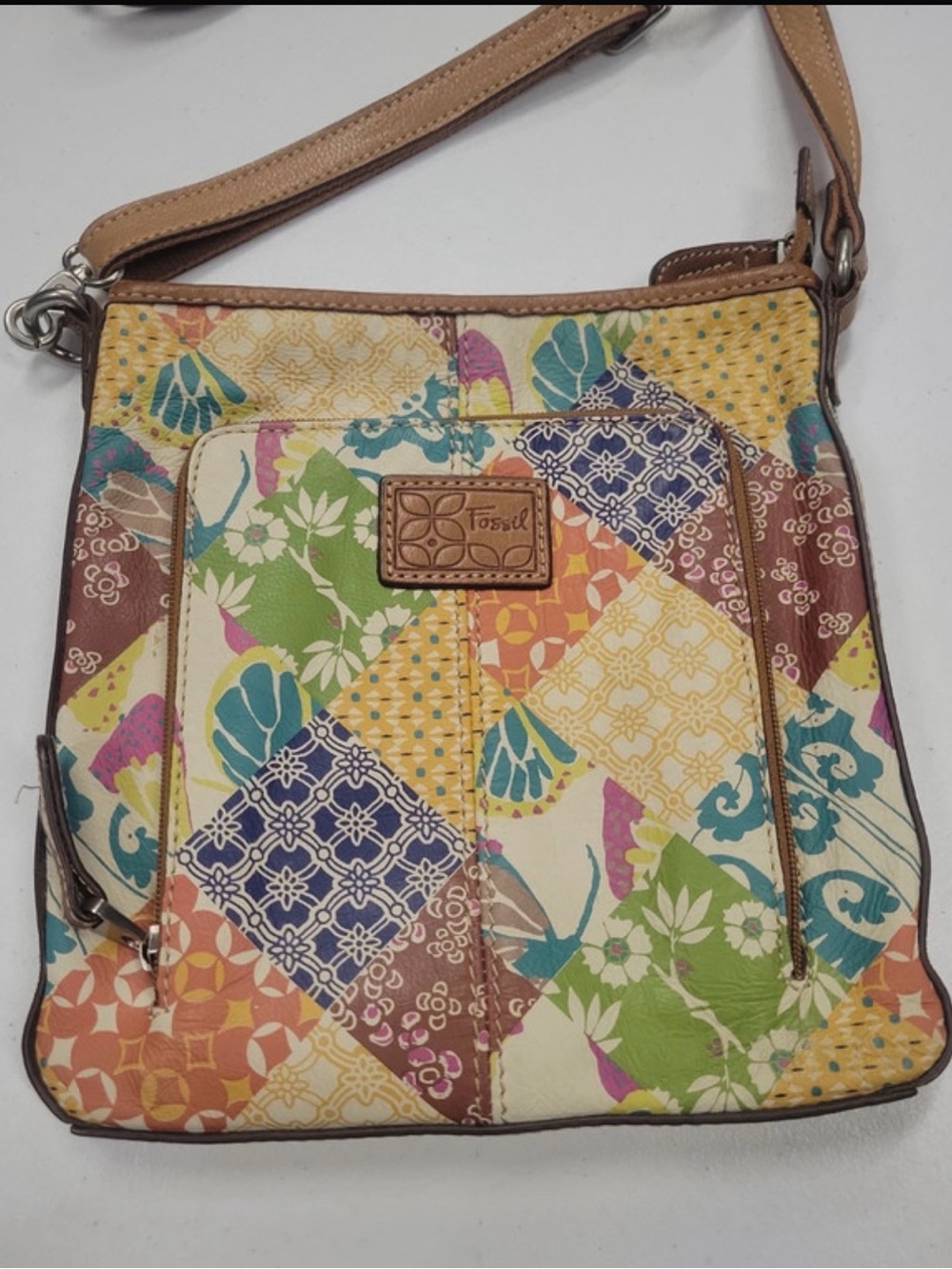 Fossil Patchwork Multi-Color Crossbody with Tan Strap